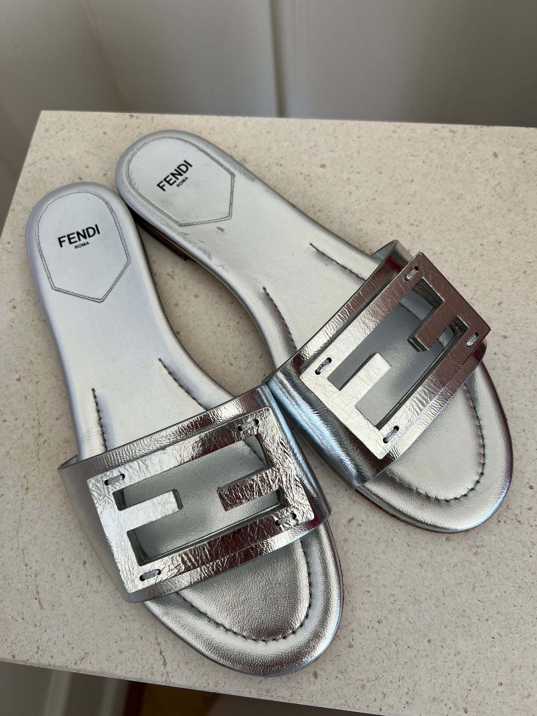 Fendi Baguette Silver Logo Slides, 39