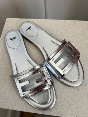 Fendi Baguette Silver Logo Slides, 39