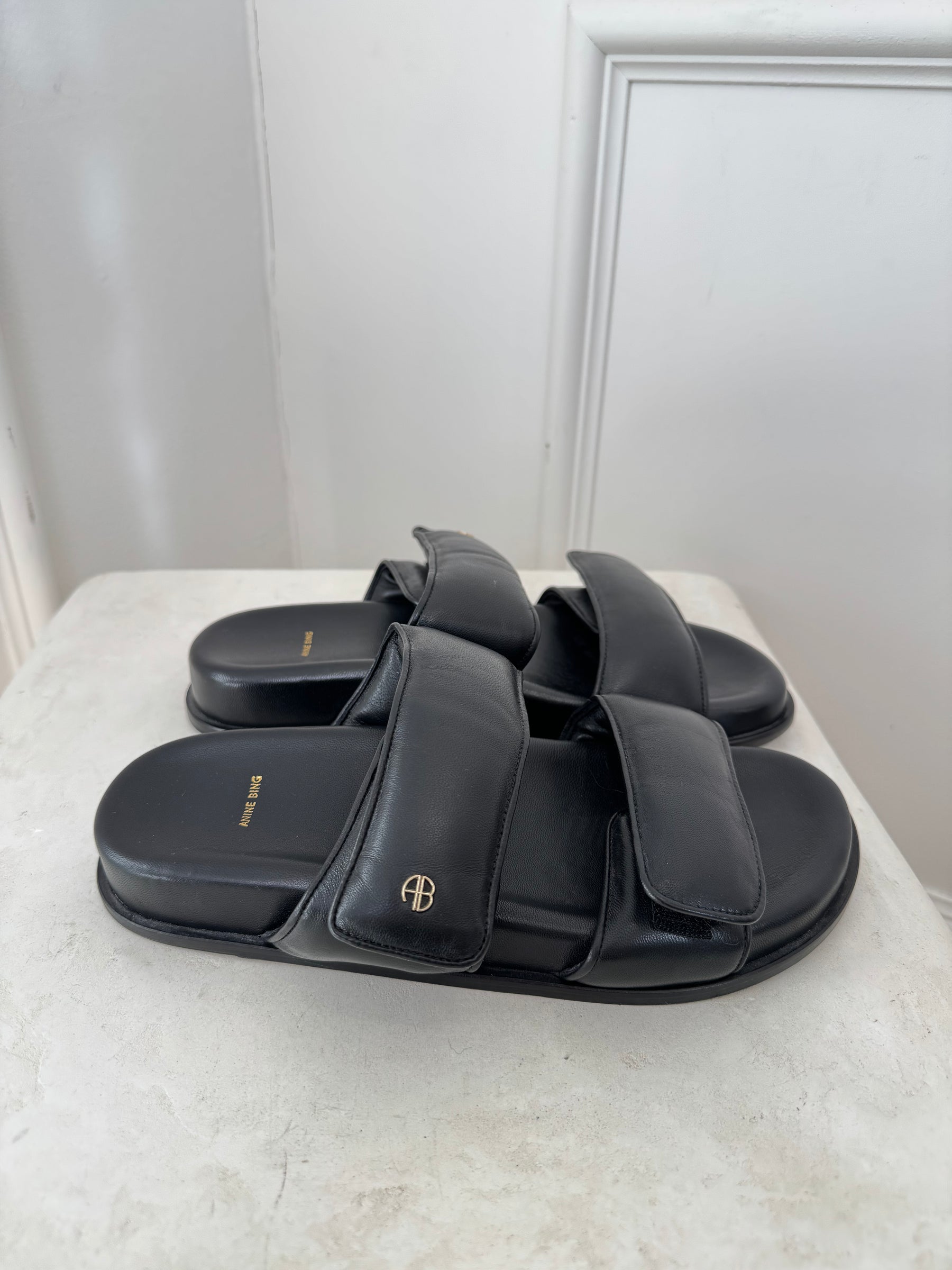 Anine Bing Black Puffy Slides, 39