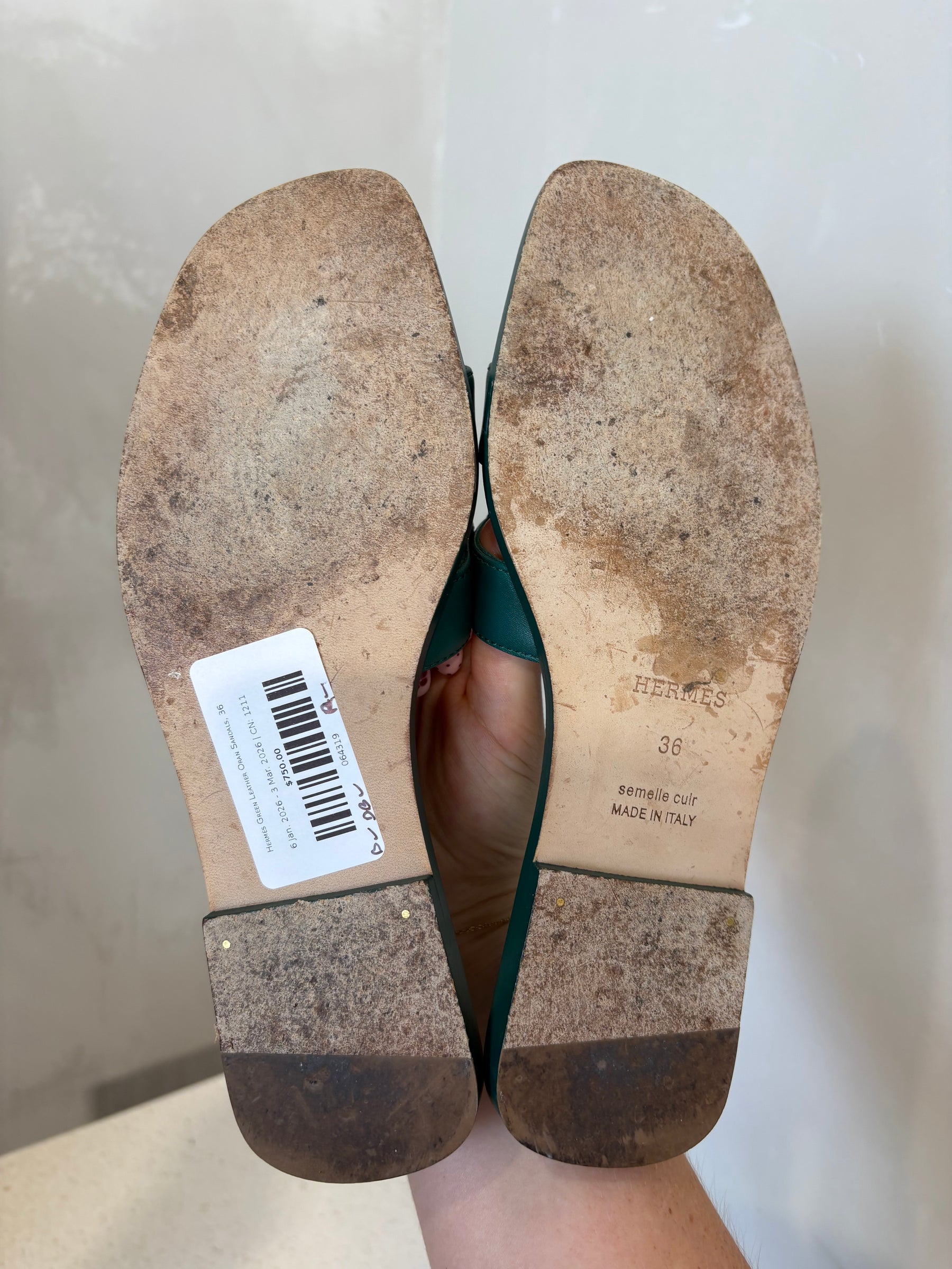 Hermès Green Leather Oran Sandals, 36