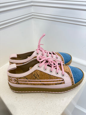 Chanel Cork Denim And Pink Leather Lace Up Flats, 39.5