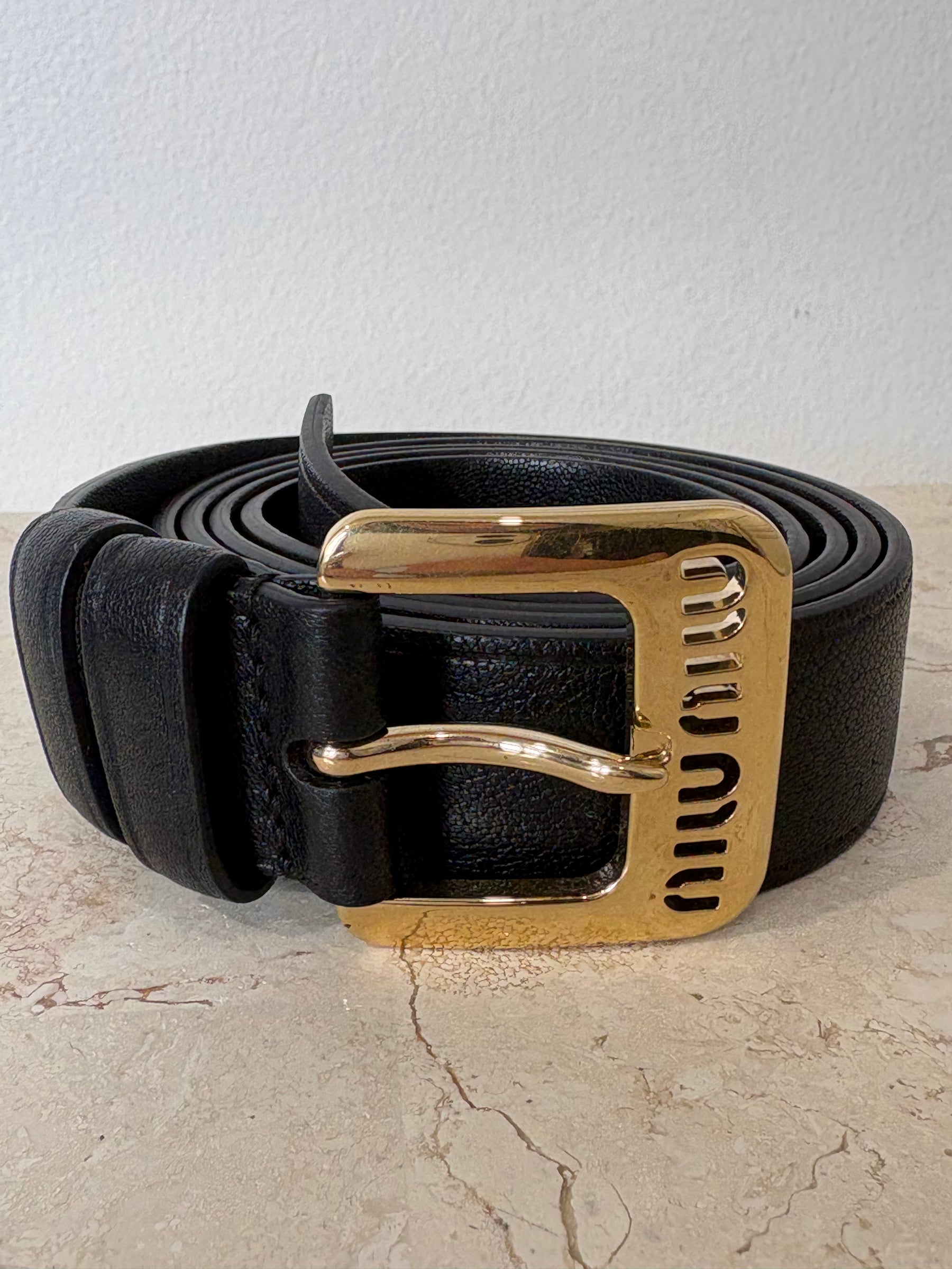 Miu Miu Black Leather Belt Gold Tone Hardware, 36/90