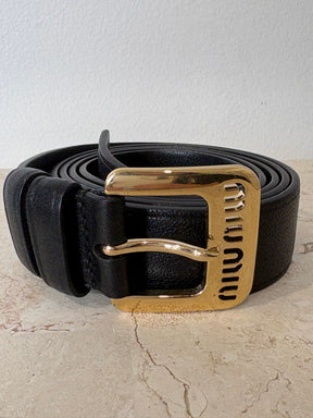 Miu Miu Black Leather Belt Gold Tone Hardware, 36/90