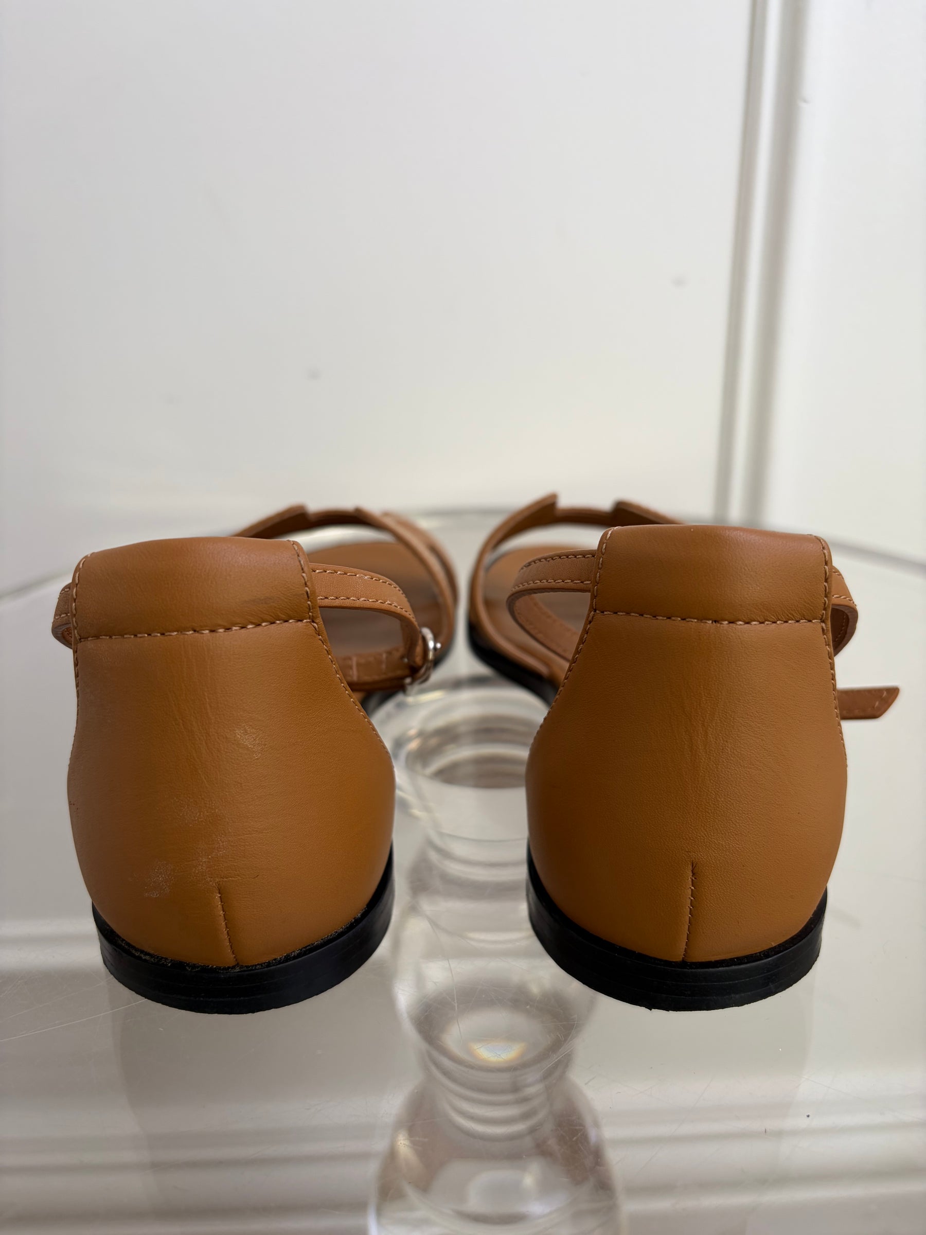 Hermès Tan Leather Embroidered Santorini Sandals, 37