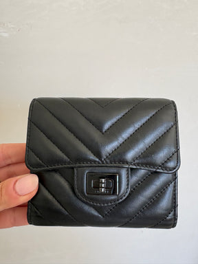 Chanel So Black Leather Chevron Quilted Square Wallet
