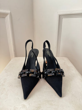 Scanlan Theodore Black Fabric Chain Detail Slingback Pump, 38