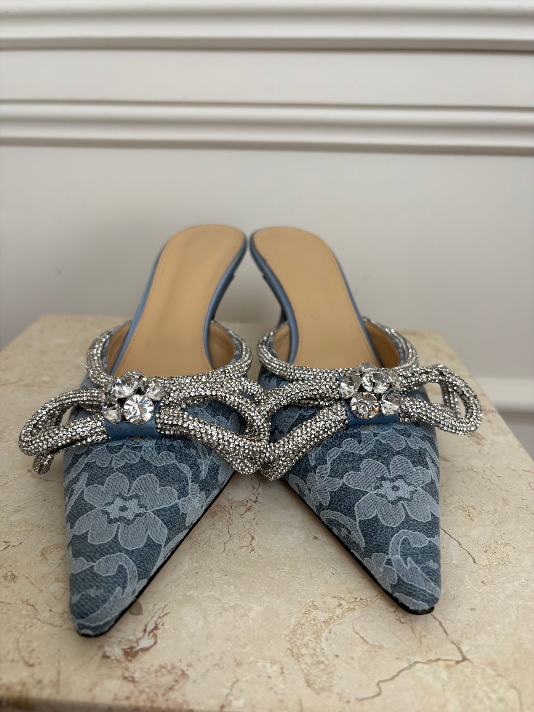 Mach & Mach Blue Lace Crystal Bow Pointed Mule, 39