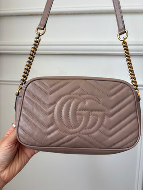 Gucci Dark Beige Chevron Quilted Marmont Camera Bag
