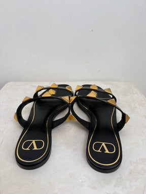 Valentino Garavani Black and Gold Roman Stud Slides, 38