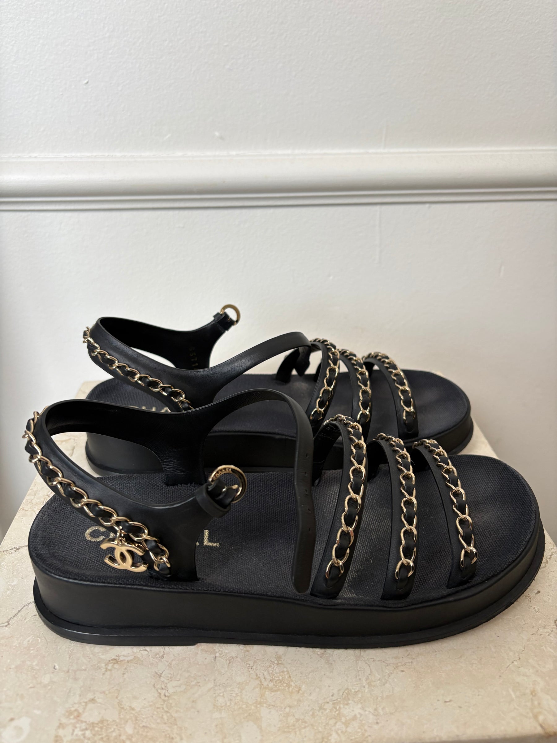 Chanel Black Leather and Chain Platform Sandals, 38