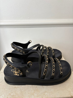 Chanel Black Leather and Chain Platform Sandals, 38