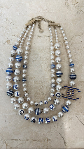 Chanel 3 Strand Pearl Logo Necklace with Blue Detailing