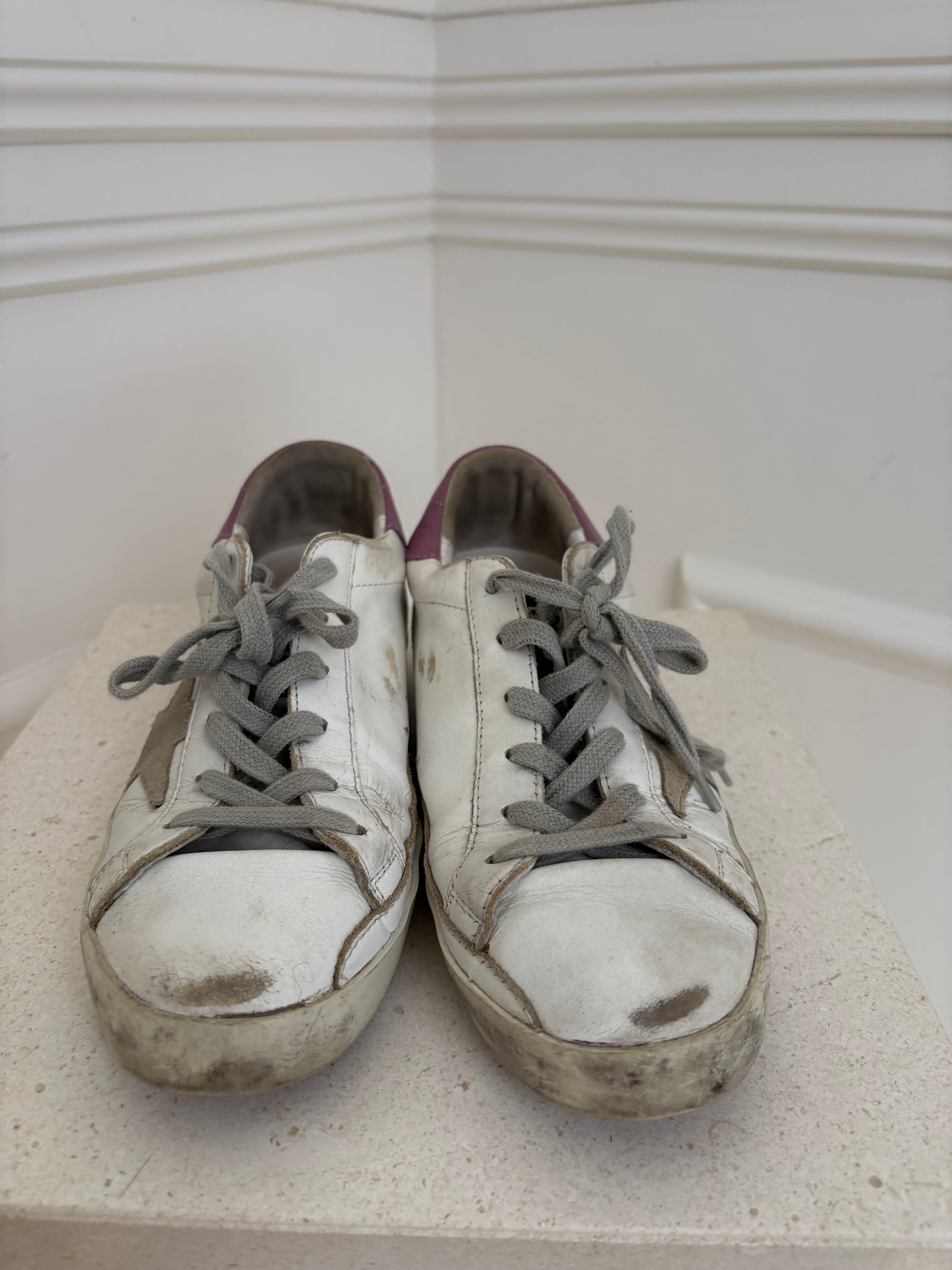 Golden Goose White and Purple Superstar Sneakers, 37