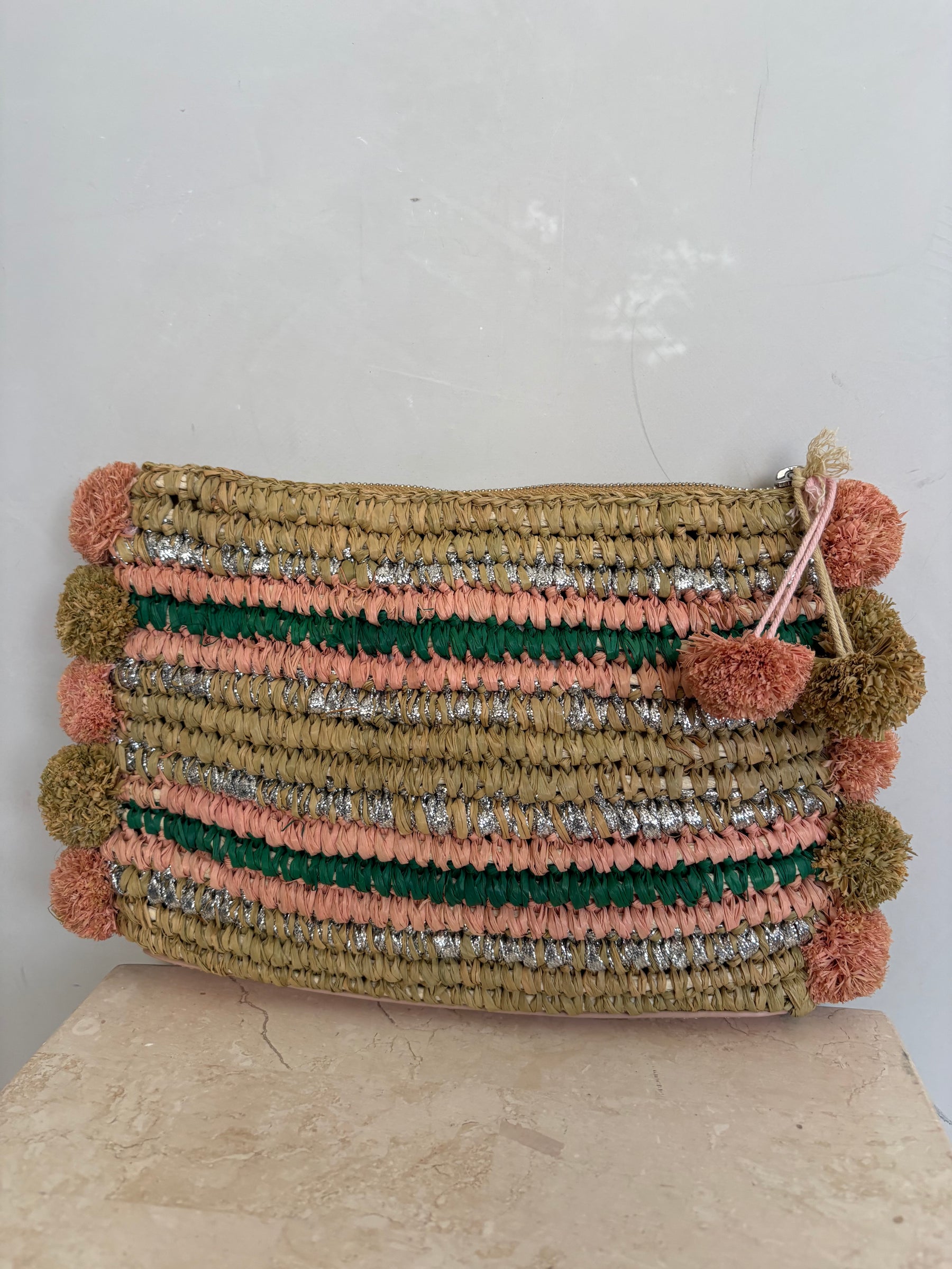 LOEFFLER RANDALL Raffia Clutch With Pom Poms