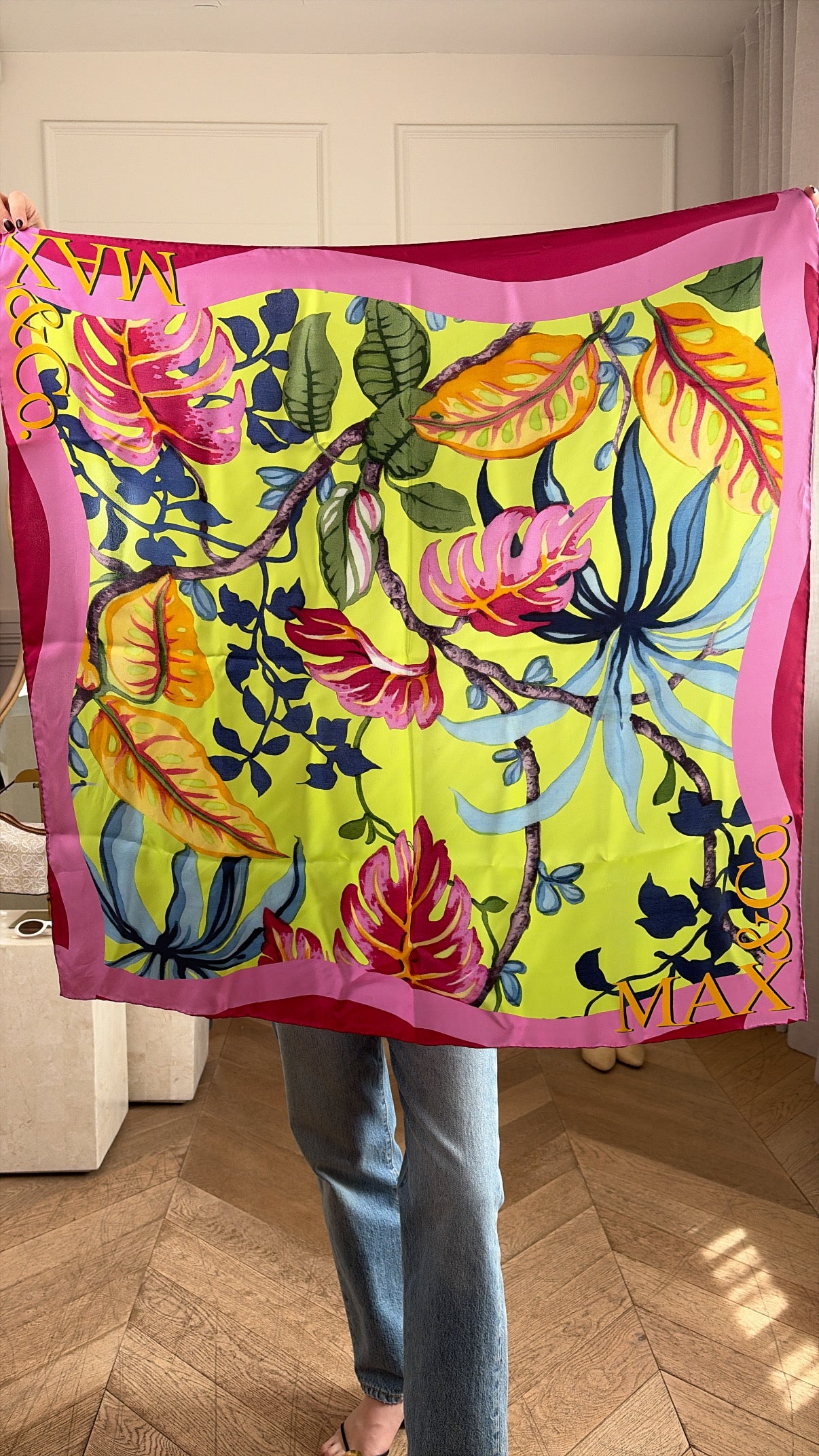 Max & Co Pink Green Leaf Print Silk Scarf