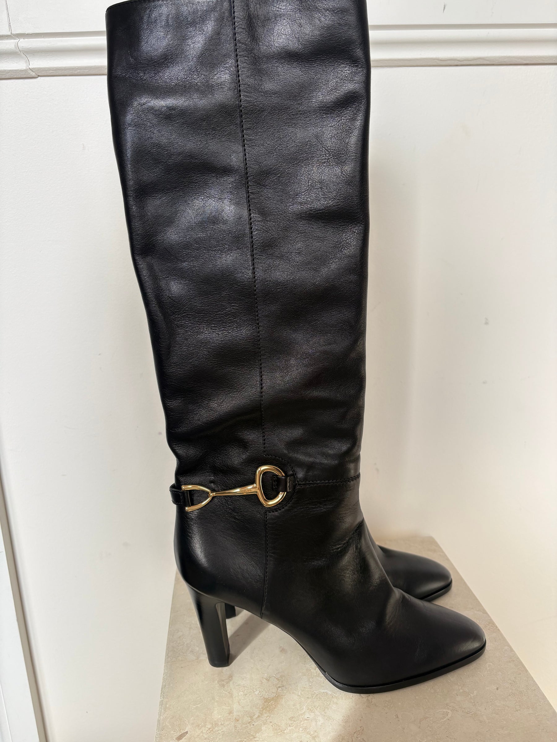 Celine Black Leather Horsebit Heeled Knee High Boot, 41