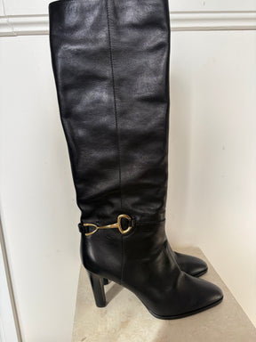 Celine Black Leather Horsebit Heeled Knee High Boot, 41