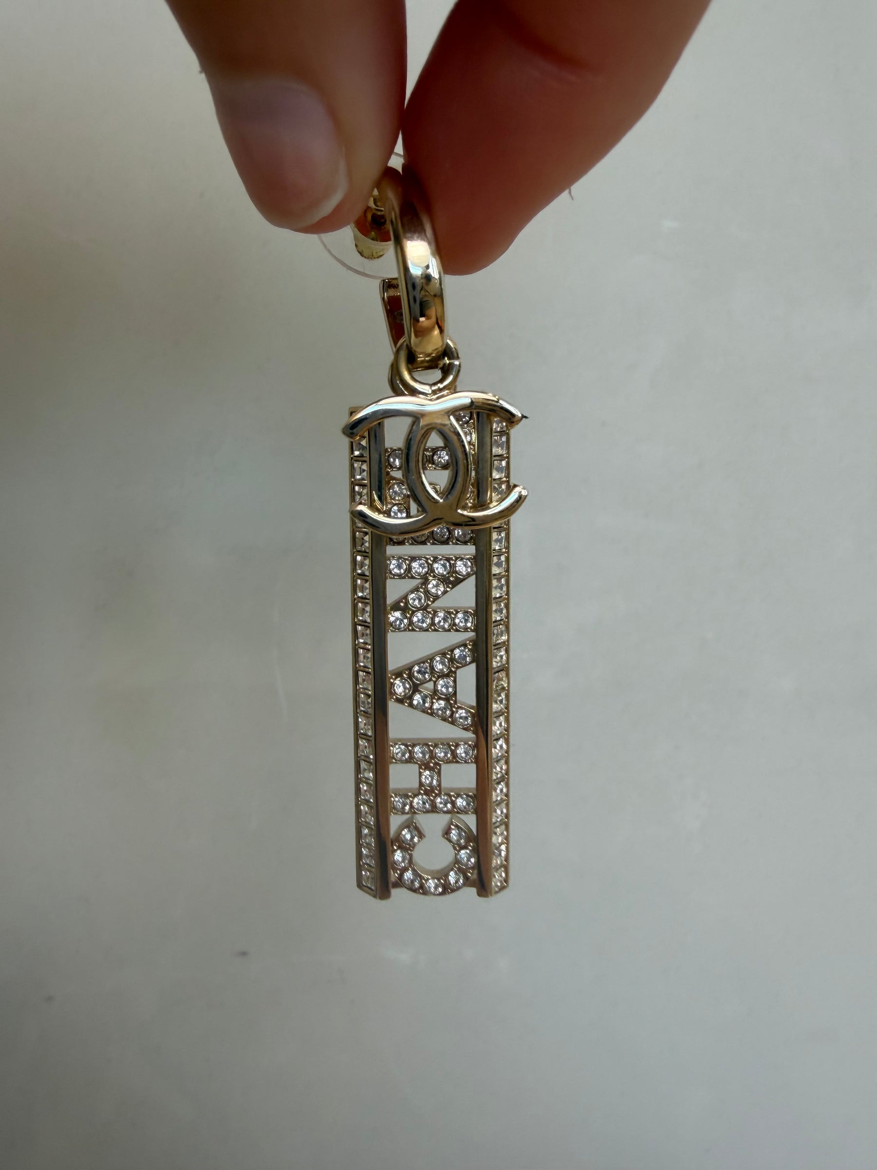 Chanel Champagne and Crystal Logo Drop Earrings