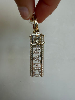 Chanel Champagne and Crystal Logo Drop Earrings