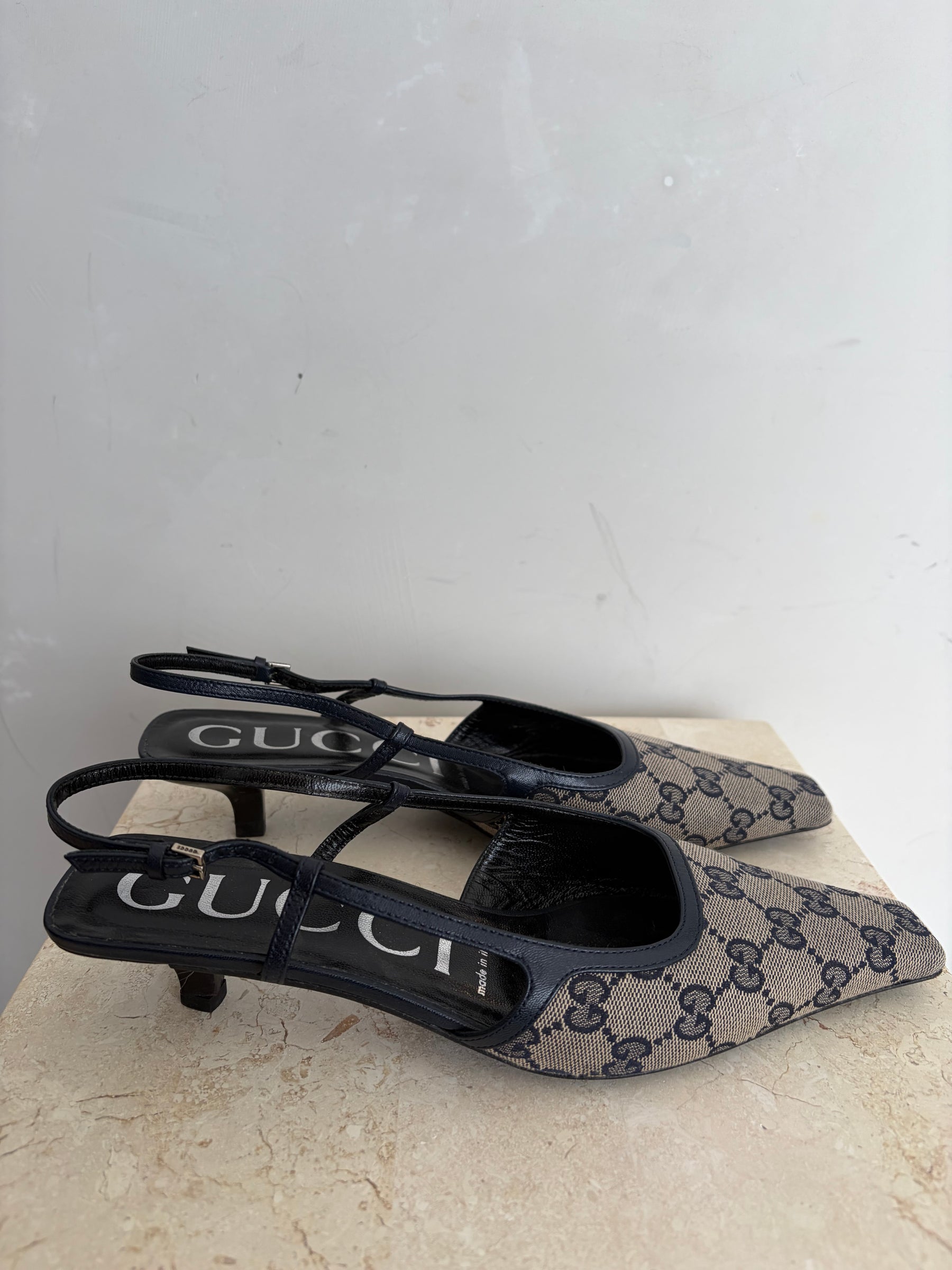 Gucci Canvas Logo Slingback Pumps Navy, 38