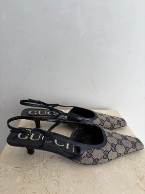 Gucci Canvas Logo Slingback Pumps Navy, 38
