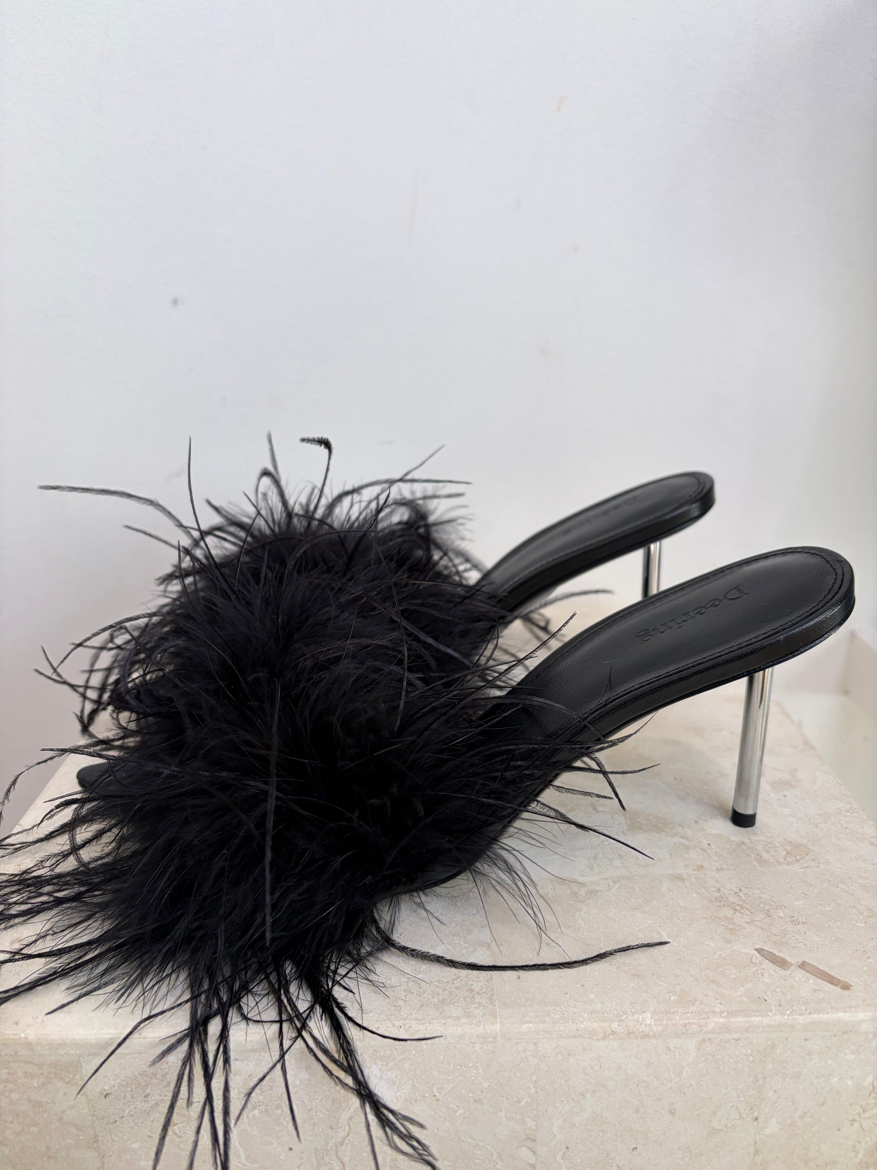 Deering Black Feather Heeled Mules, 40