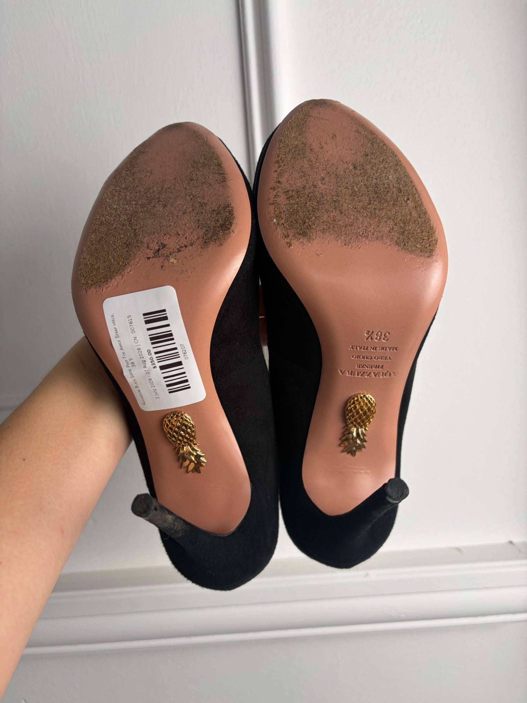 Aquazzura Black Suede Peep Toe Ankle Strap heels, 38.5