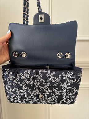 Chanel Navy and White Sequin Logo Medium Flap Bag