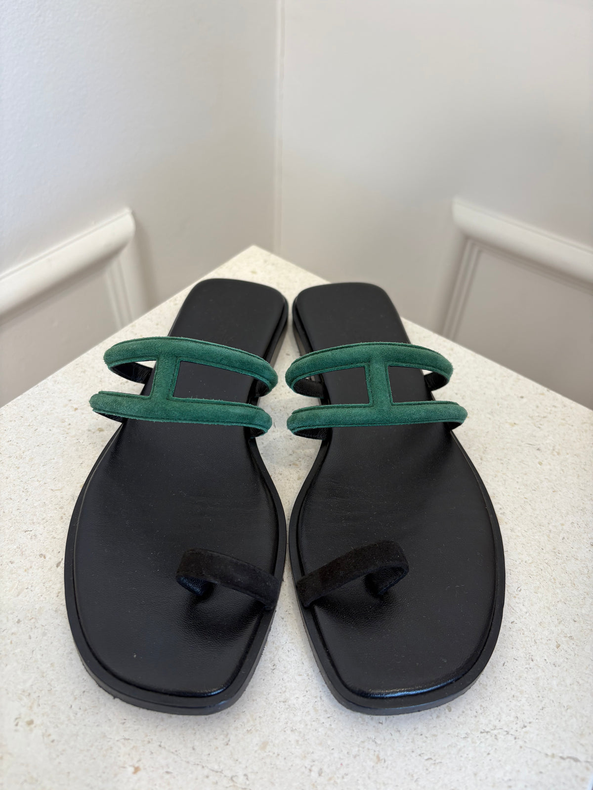 Hermès Black and Emerald Suede Slides, 36