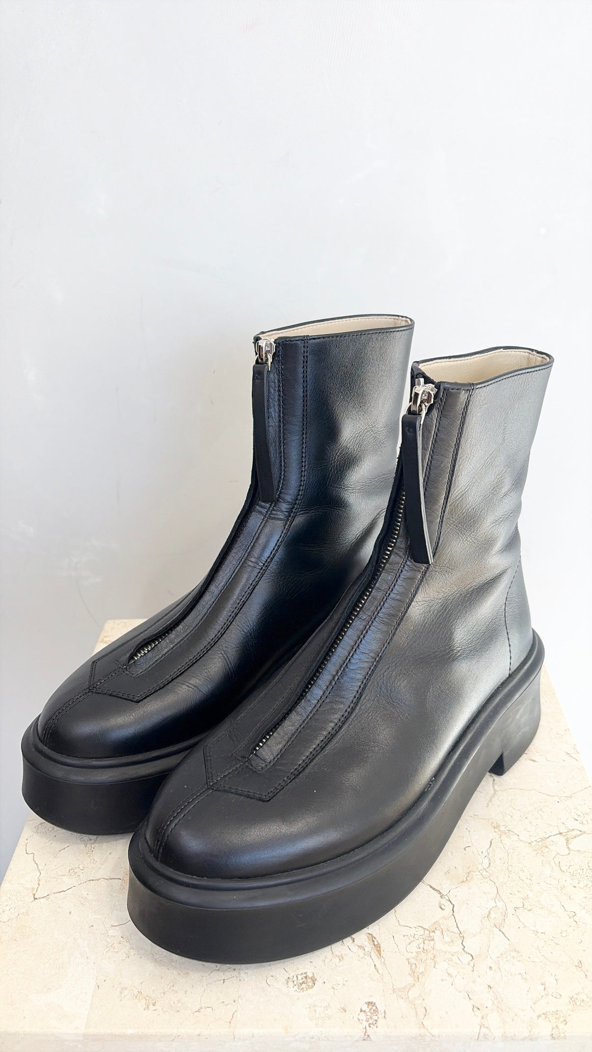 The Row Black Leather Zip Front Boots, 37.5