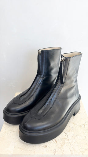 The Row Black Leather Zip Front Boots, 37.5