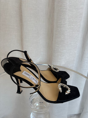Jimmy Choo Black Suede Crystal Buckle Strappy Heel, 40