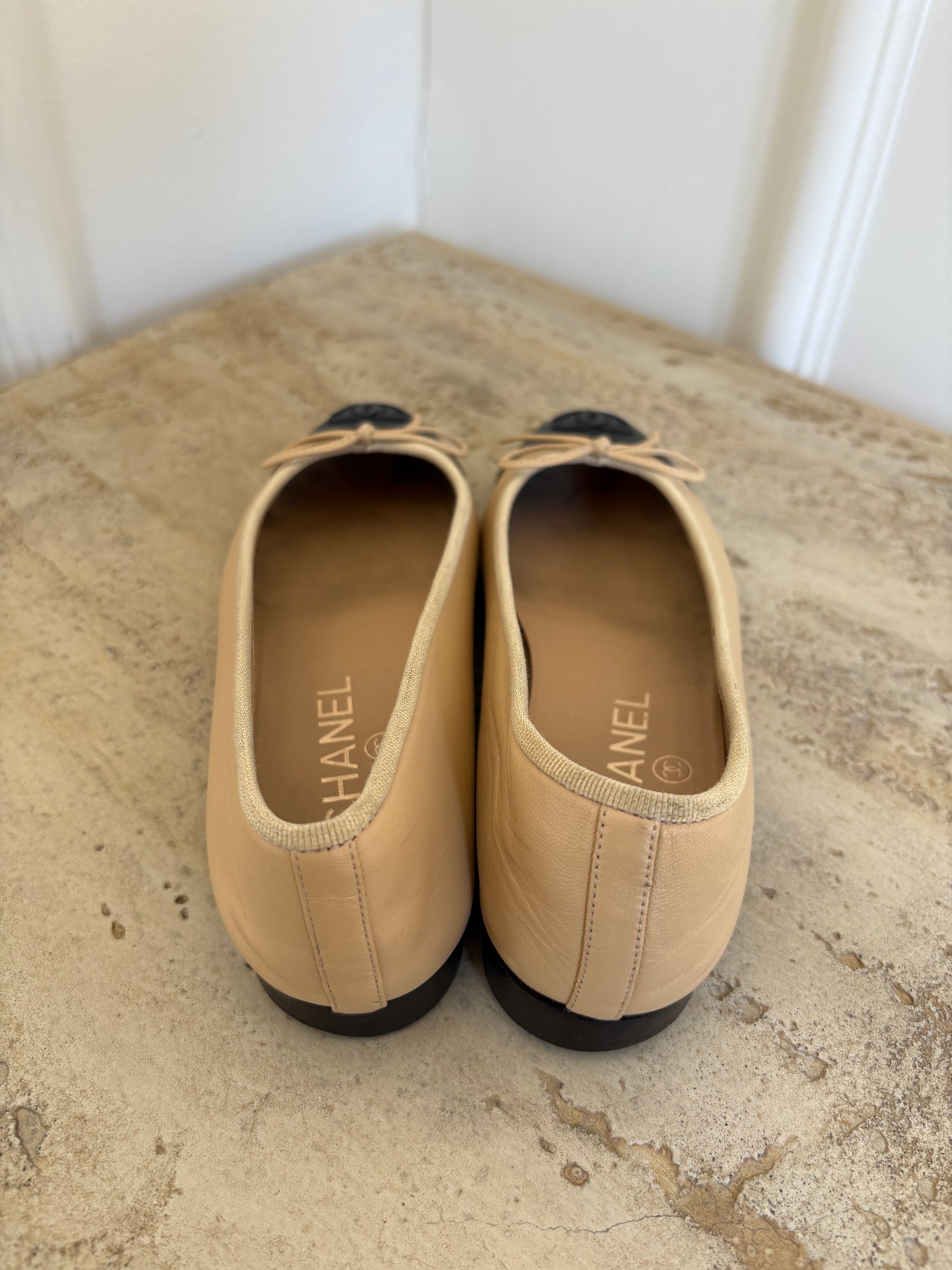 Chanel Beige and Black Leather Ballet Flats, 35.5