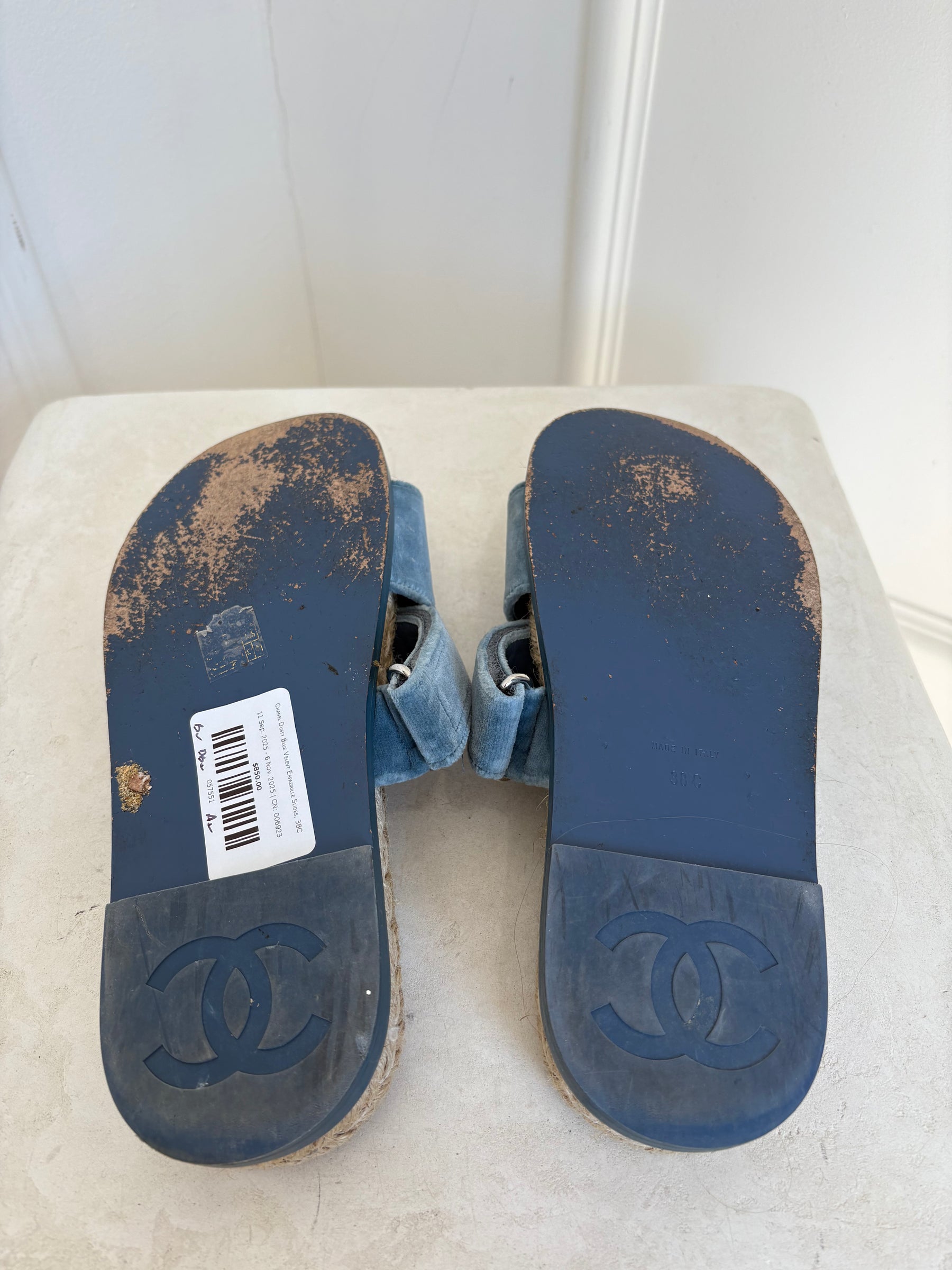 Chanel Dusty Blue Velevt Espadrille Slides, 38C