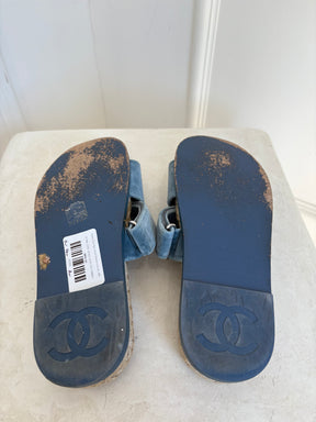 Chanel Dusty Blue Velevt Espadrille Slides, 38C