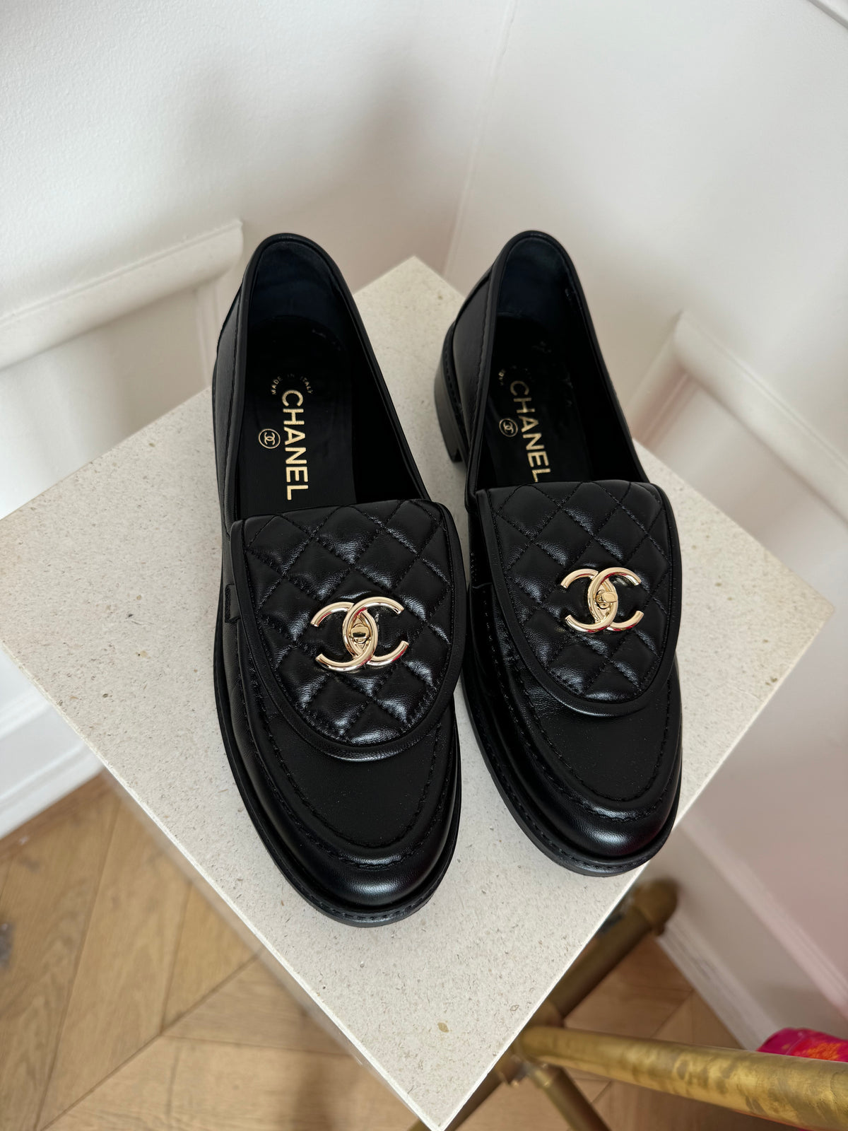 Chanel Black Leather Quilted CC Loafers, 40.5C