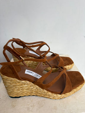 Jimmy Choo Suede Raffia Wedge Sandals Tan, 38.5