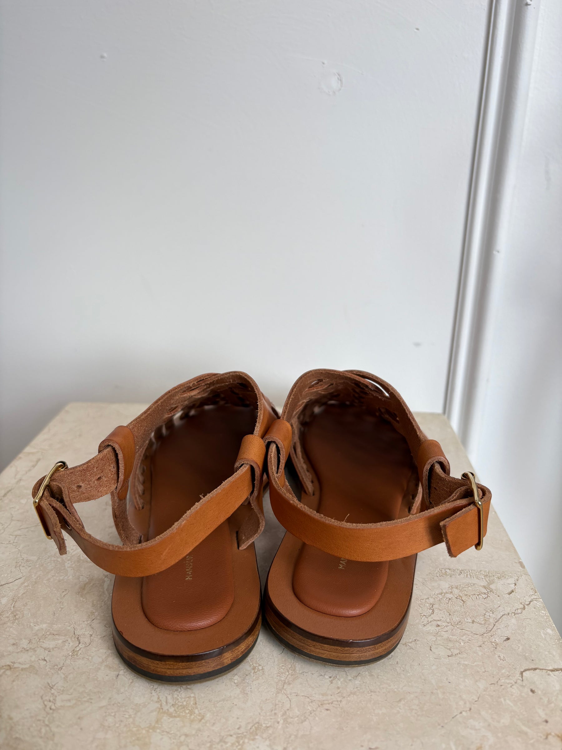 Mansur Gavriel Tan Woven Leather Sandals, 36