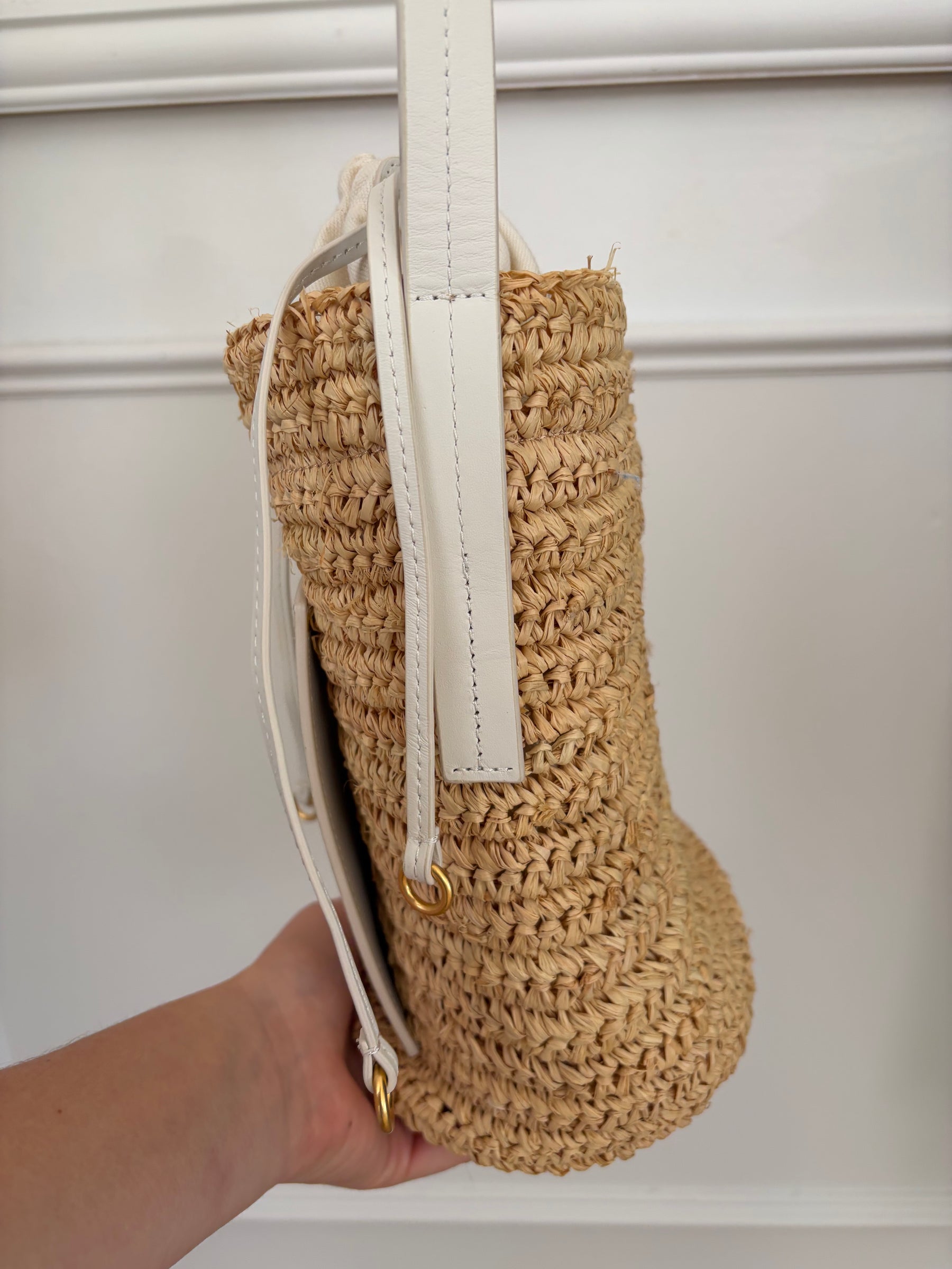 Oroton Raffia and Cream Leather Bucket Bag