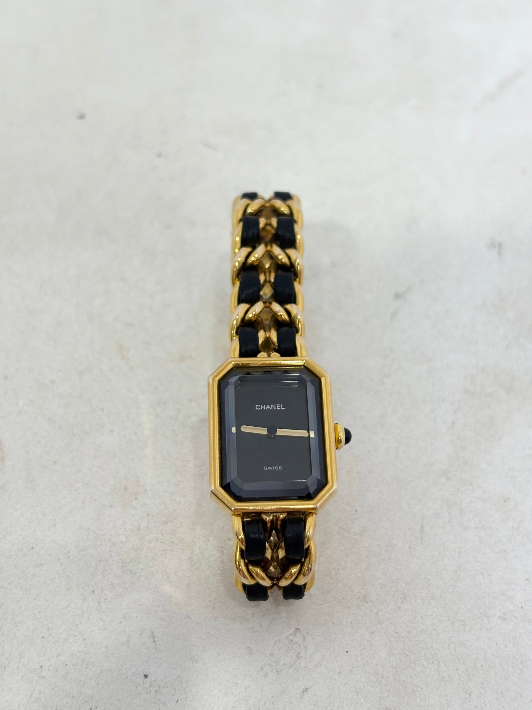 Chanel Gold Tone and Black Leather Premiere Watch, L
