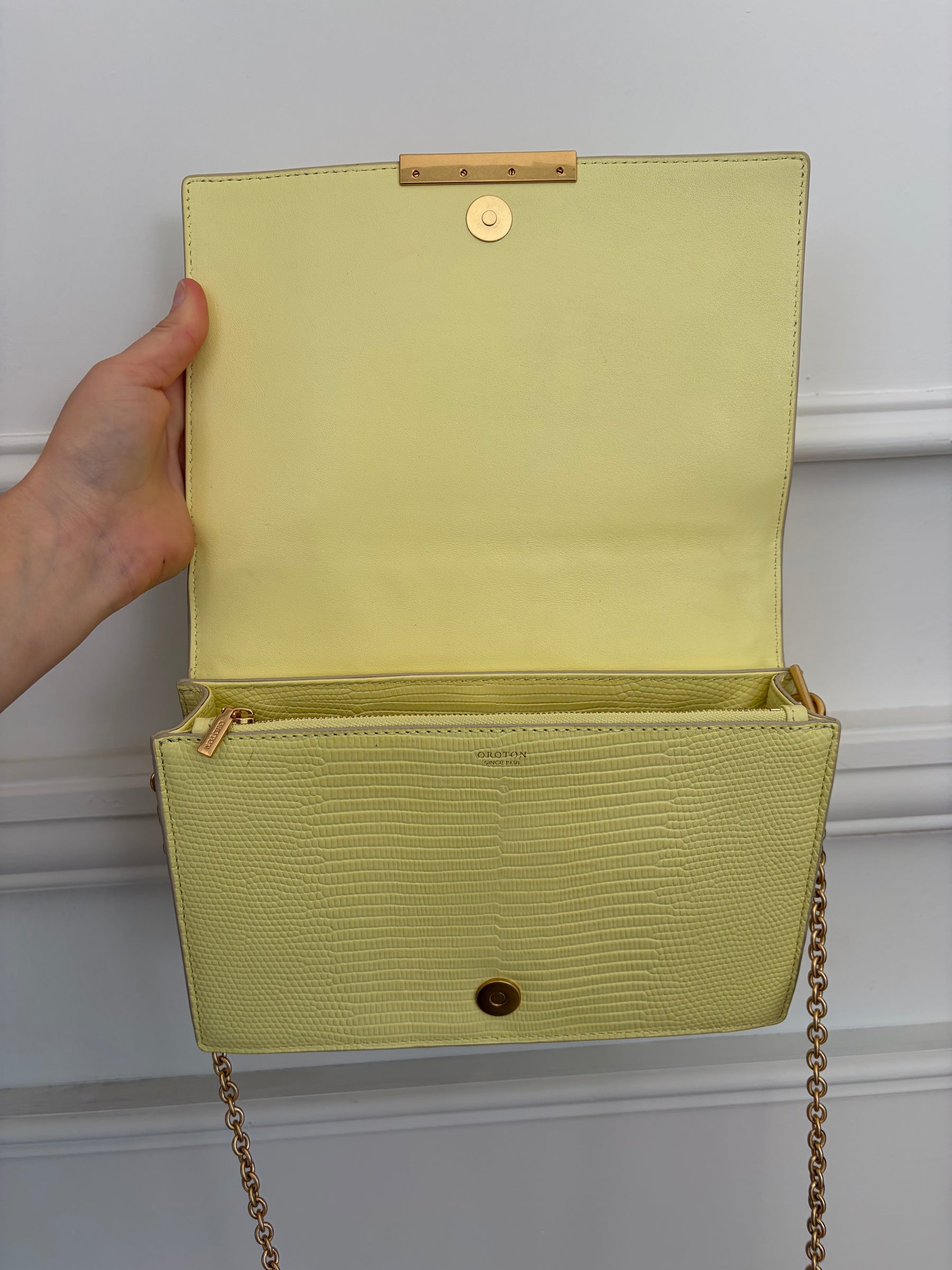 Oroton Yellow Lizard Embossed Crossbody Bag