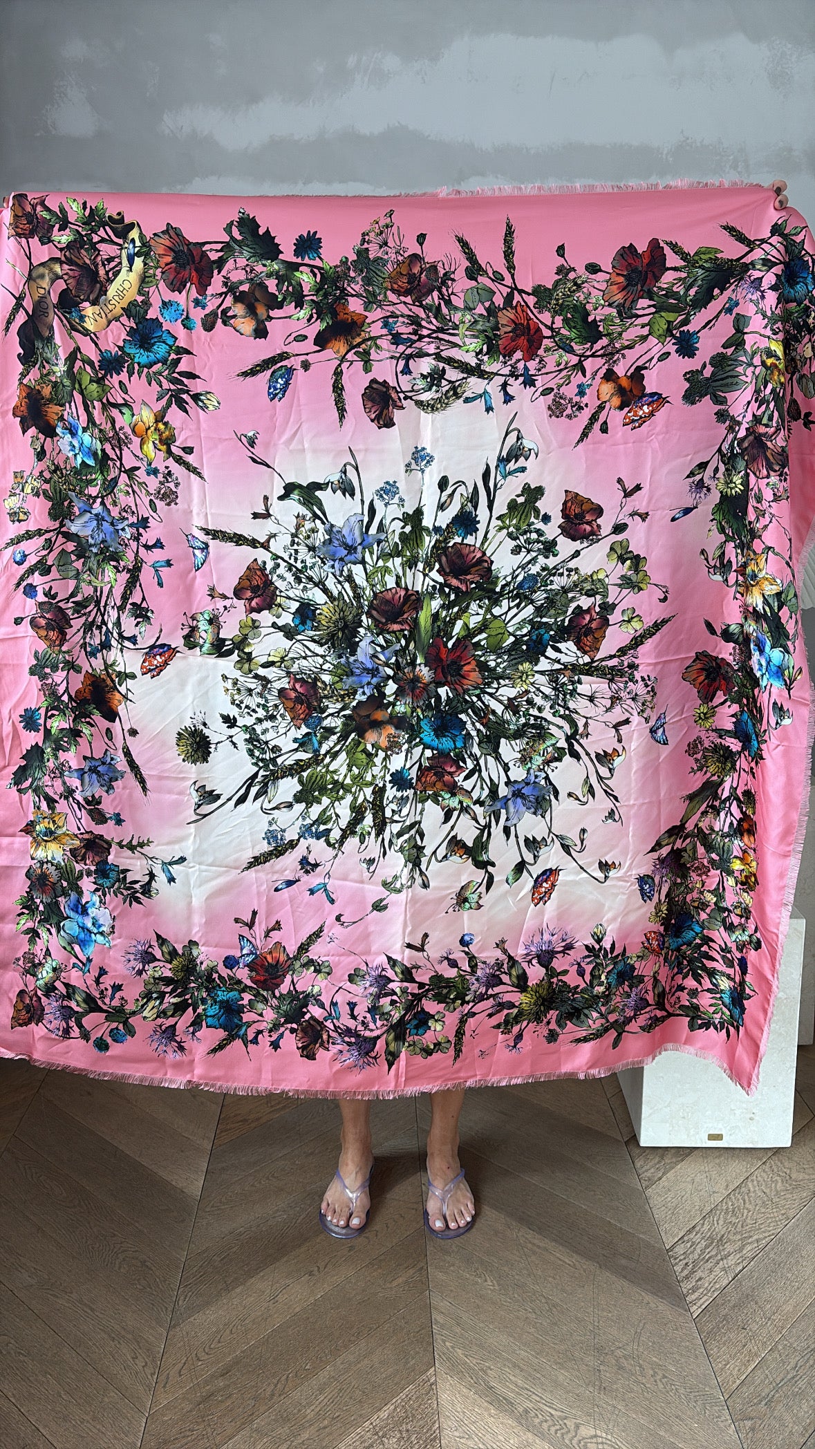 Dior Pink Silk Square Floral Scarf