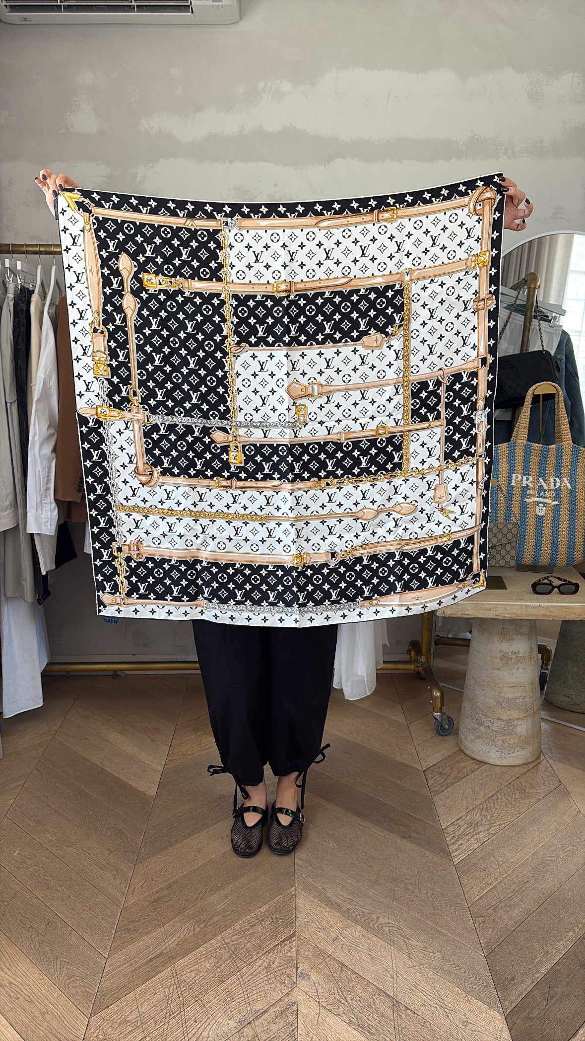 Louis Vuitton Black and White Monogram Silk 'Confidential' Scarf 90