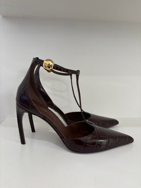 Ferragamo Brown Croc Embossed Pointed T Bar Heeled Sandal, 10.5
