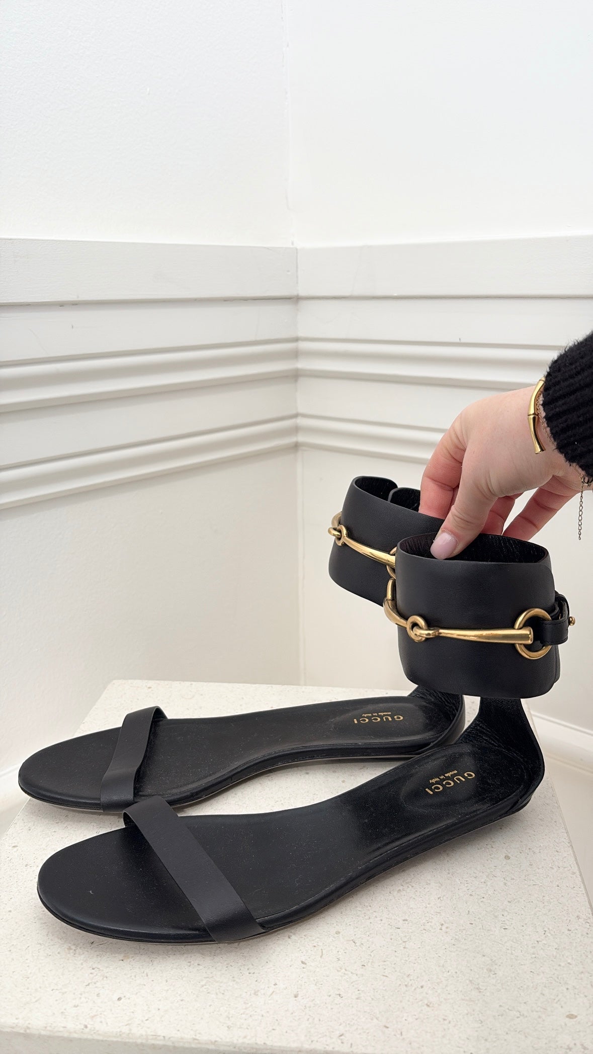 Gucci Black Leather Horsebit Ankle Strap Sandals, 40