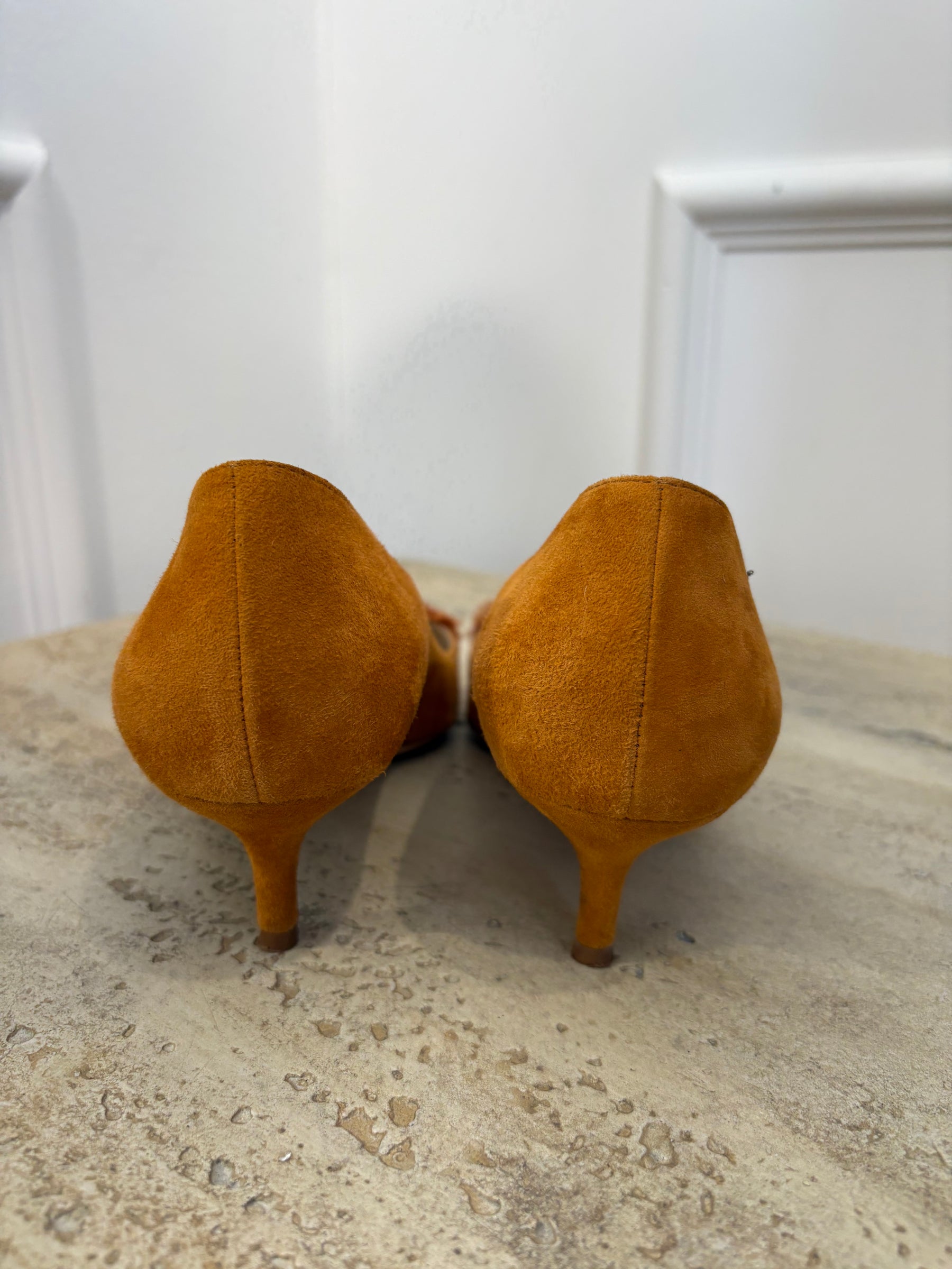 Oscar de la Renta Tan Suede Tulle Floral Pointed Pump, 37