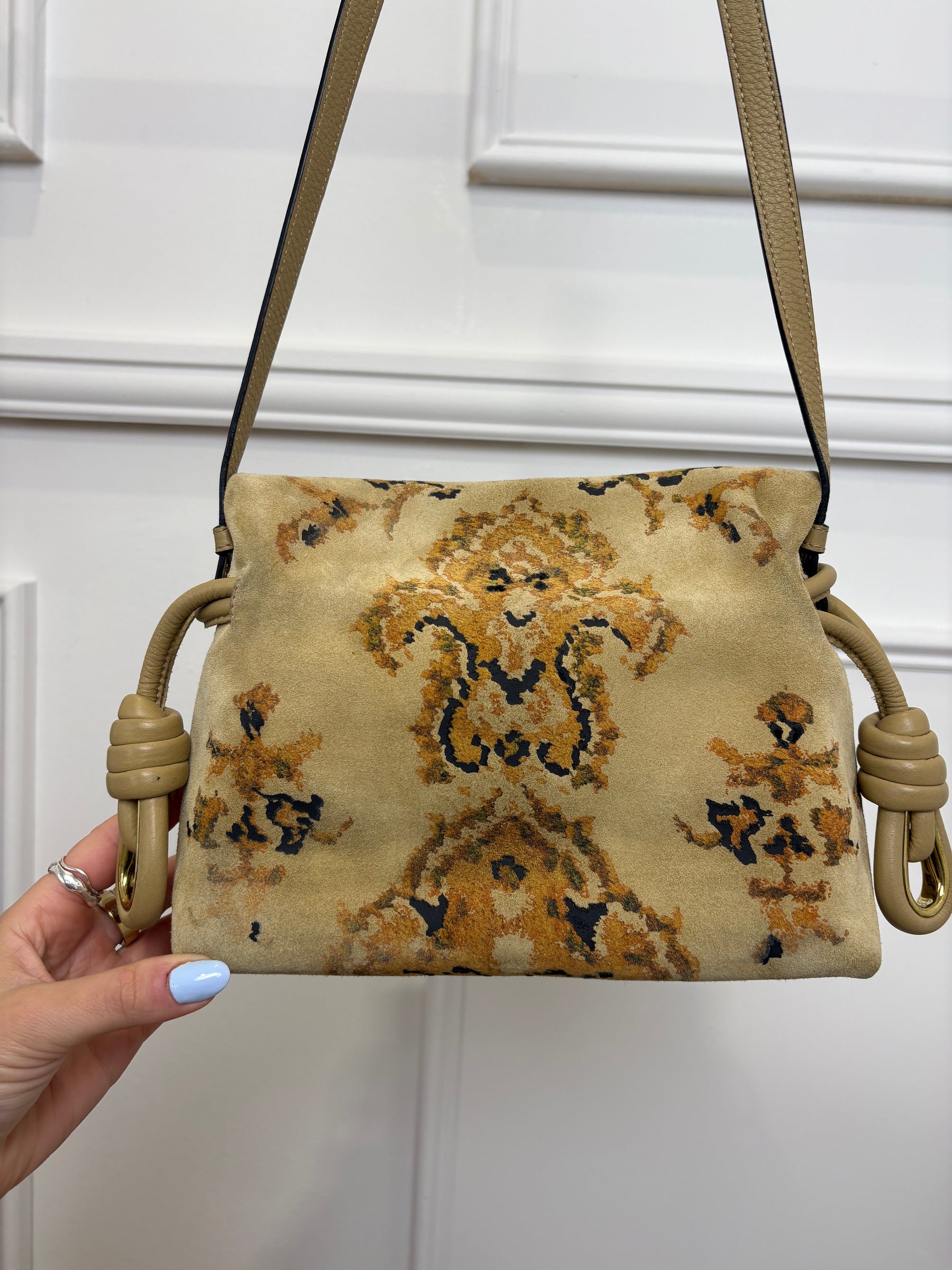 Loewe Tapestry Print Suede Fringed Flamenco Bag