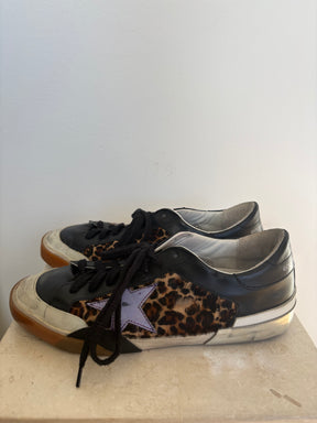 Golden Goose Black Leather and Leopard Superstar Sneakers, 41