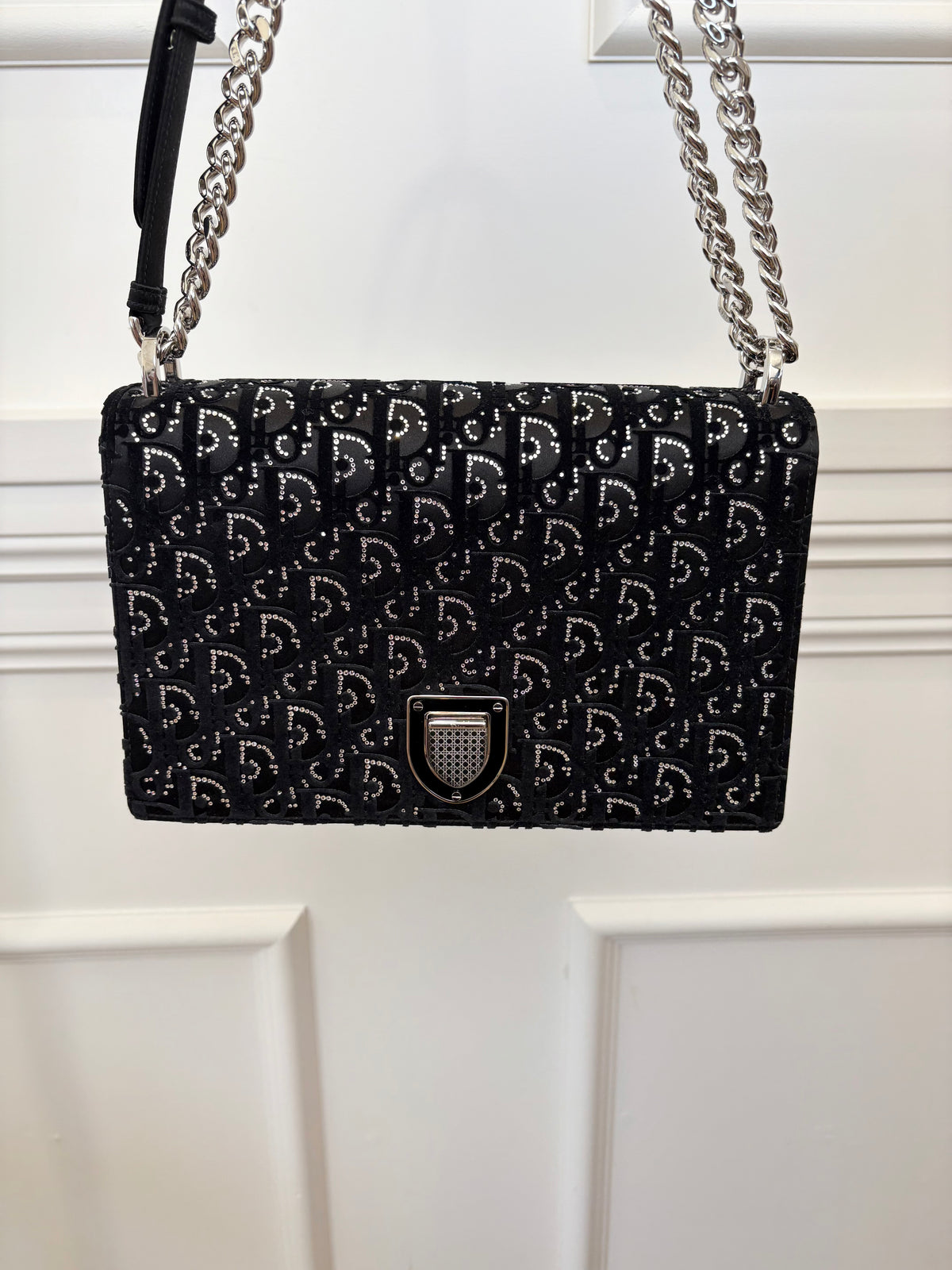 Dior Black Satin and Velvet Crystal Monogram Diorama Bag
