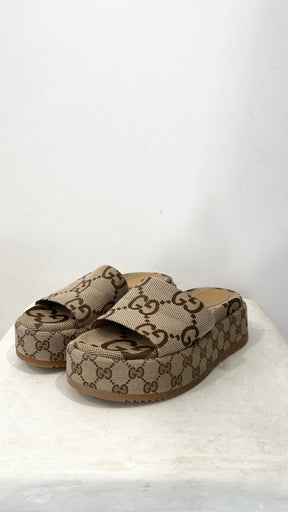 Gucci Canvas Monogram Platform Slides, 37.5